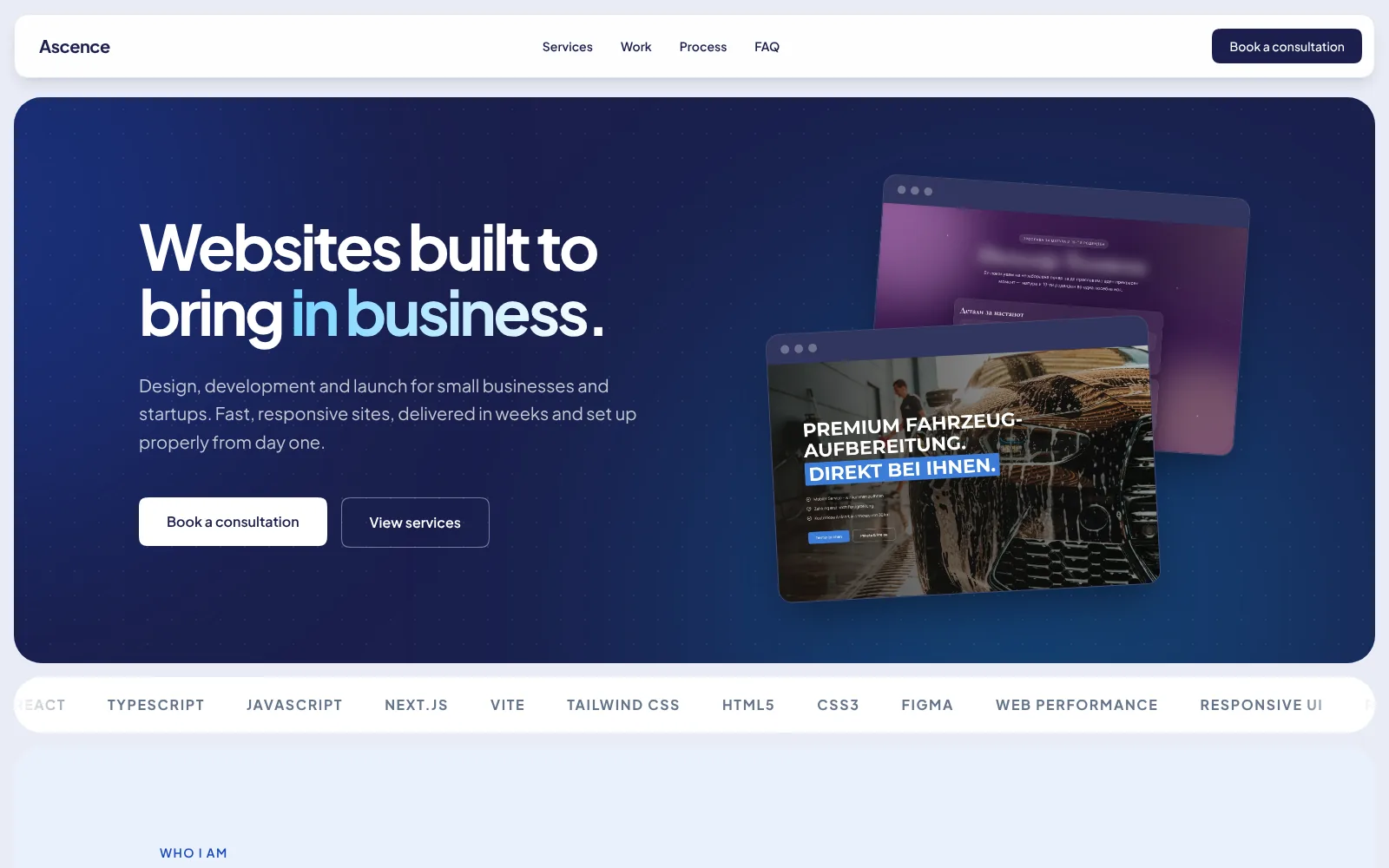 The Ascence homepage: navy hero with the headline "Websites built to bring in business.", two buttons and previews of two client sites