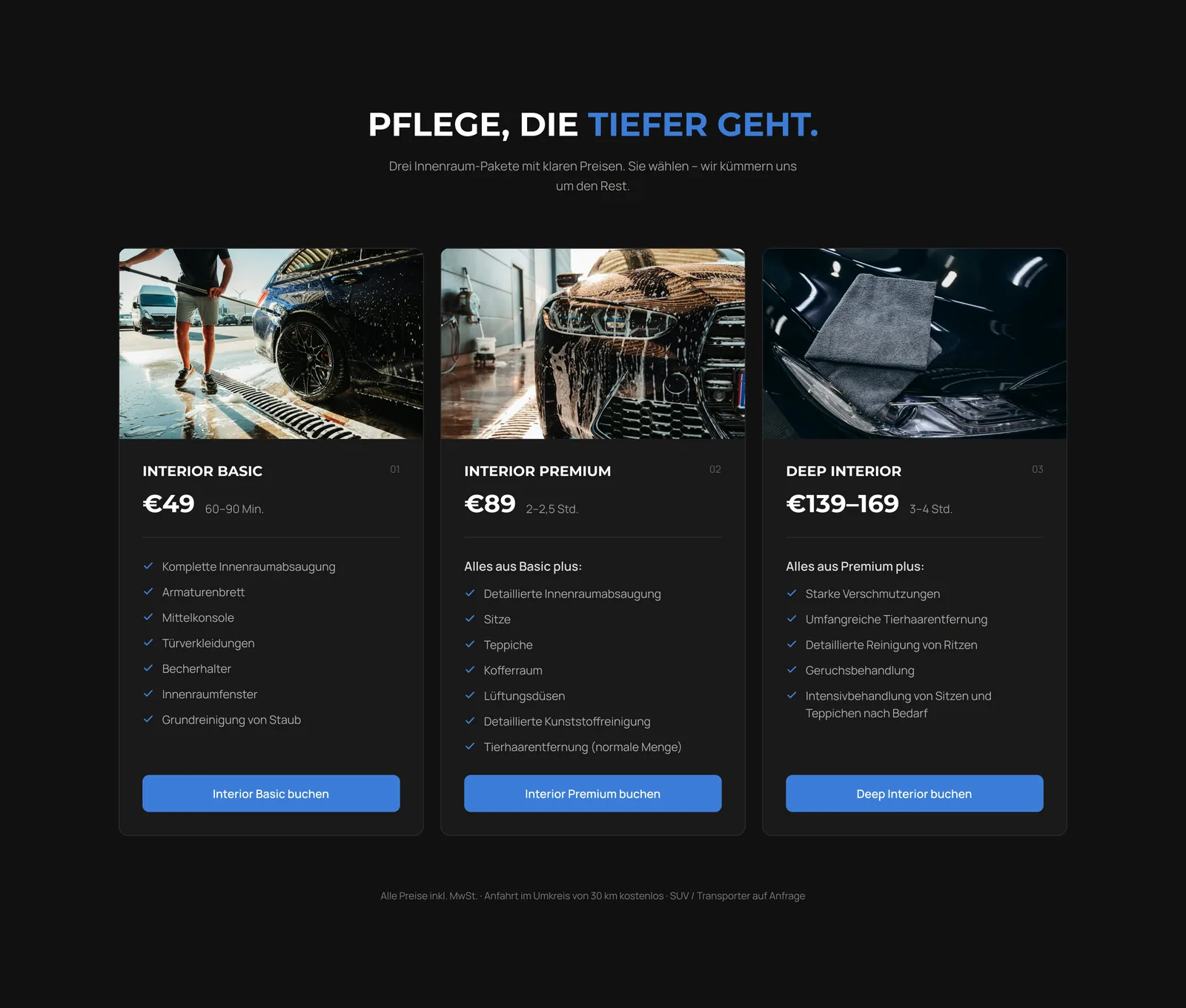 GlanzKultur packages design: three cards for Interior Basic, Interior Premium and Deep Interior with prices and checklists